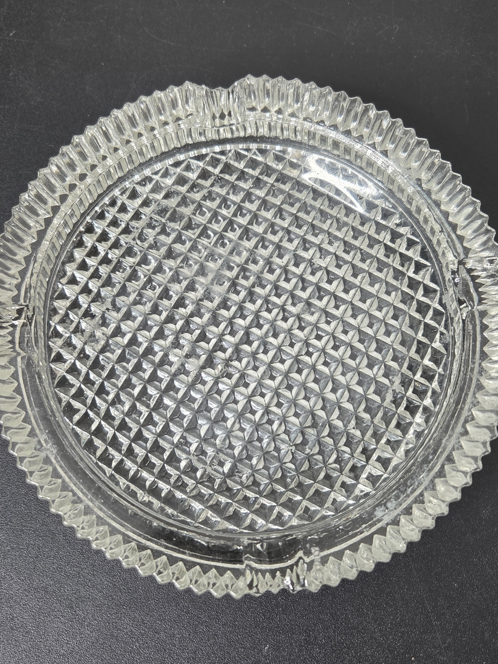 Vintage Mid-Century Glass Ashtray Diamond Cut Base - Heavy